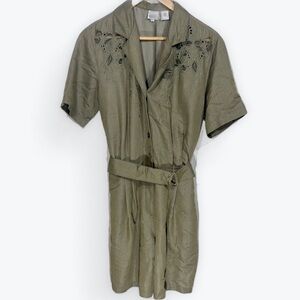 Together Green Notched Collar Shirt Romper with Belt Lace Detail
